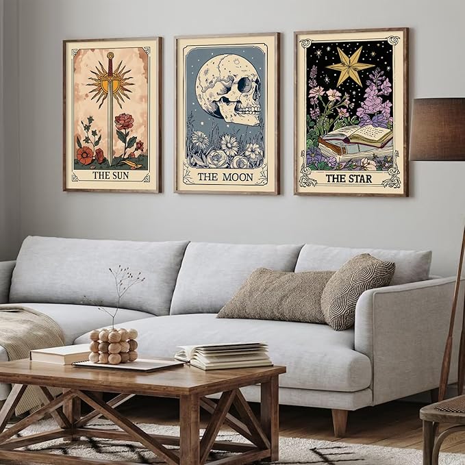 Pouydmi Tarot Card Wall Art Sun Moon Canvas Wall Decor Mystical Astrology Wall Art Boho Celestial Prints Star Skull Poster Tarot Card Picture for Living Room Bedroom 12x16x3 Inch Unframed
