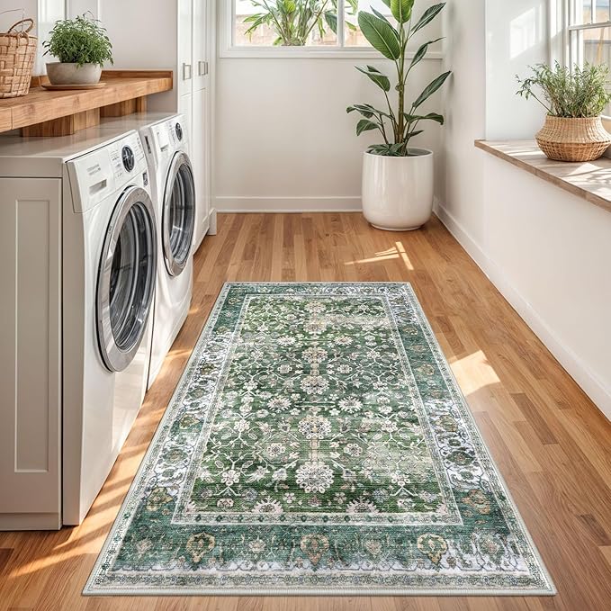 KUTA 3x5 Rugs for Entryway, Vintage Floral Area Rug Washable Non-Slip Green Ultra Thin Soft Printed Distressed Entry Low-Pile Throw Carpet for Bedroom Nursery Living Room