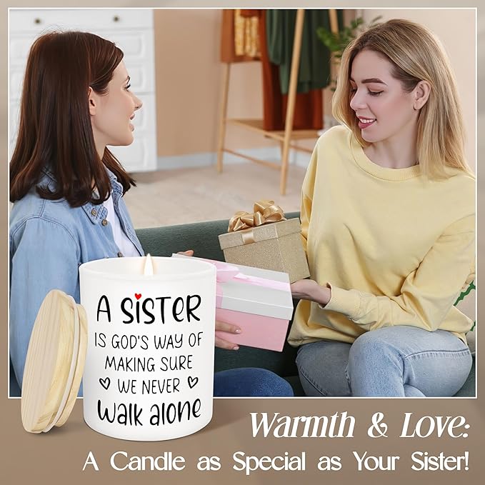 TEEZWONDER Christmas Sister Gifts for Women - A Sister Never Walk Alone Long Lasting Vanilla Lavender Candle 10 oz - Christian Birthday Gifts for Sisters from Sister, Candle for Women