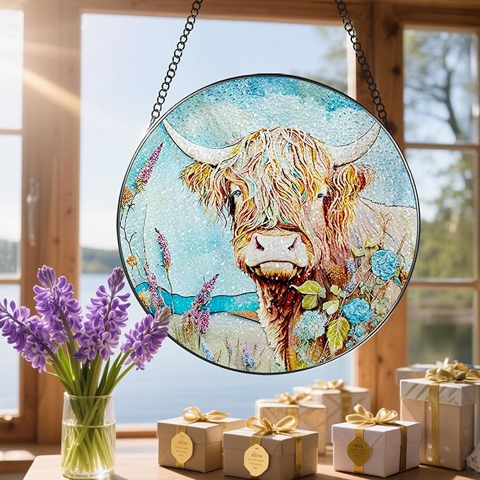 Stained Glass Window Hanging, Stained Glass Suncatcher, Cow Sun Catcher, Window Hanging Decor, Cow Gift, Gifts for Mothers Day or Fathers Day, Christmas or Birthday Gift, Gifts for Her Him