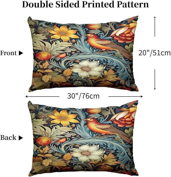 William Morris Pillow Protectors with Zipper Standard Size Vintage Bird Floral Print Pillow Covers Set of 2 Moody Botanical Dark Academia Pillowcases Mid Century Bed Pillow Covers 30"X20"