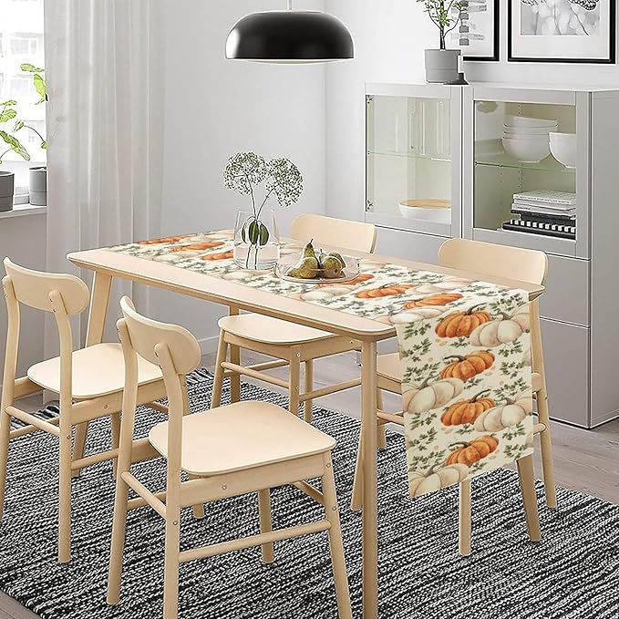 Fall Pumpkin Table Runner White Orange Vegetables Seeds Parsley Watercolor Hand-Painted Illustration Home Decor for Farmhouse Indoor Outdoor Party Holiday Dining Kitchen Restaurant Cafe W13xL90in