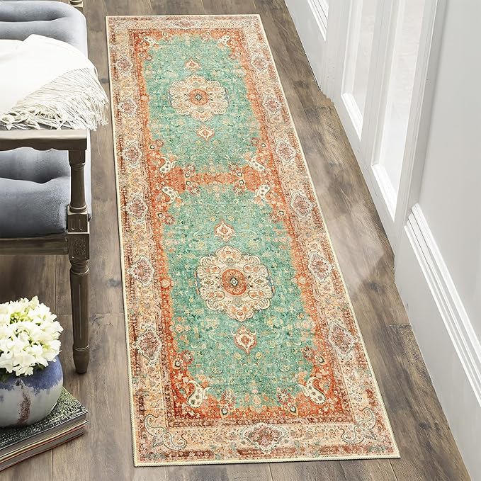 Washable Runner Rug 2x6,Boho Rug Runners Non Slip,Long Rugs for Hallways Kitchen Bedroom Entryway Bathroom,Vintage Bohemian Distressed Farmhouse Floor Carpet,Retro Orange Green Floral