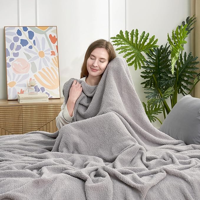 Snuggle Sac Grey Bedding Blankets Queen Size 90x90 inches, Reversible Microfiber Fluffy Fuzzy Soft Throw Cozy Knit Blanket for Women Mothers Birthday Gifts