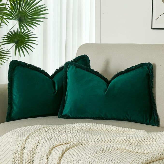 JUSPURBET Pack of 2 Forest Green Decorative Fringe Velvet Throw Pillow Covers 16x24 for Home Decor Living Room Bedroom Car Boho Soft Cushion Cover with Hidden Zipper Machine Washable
