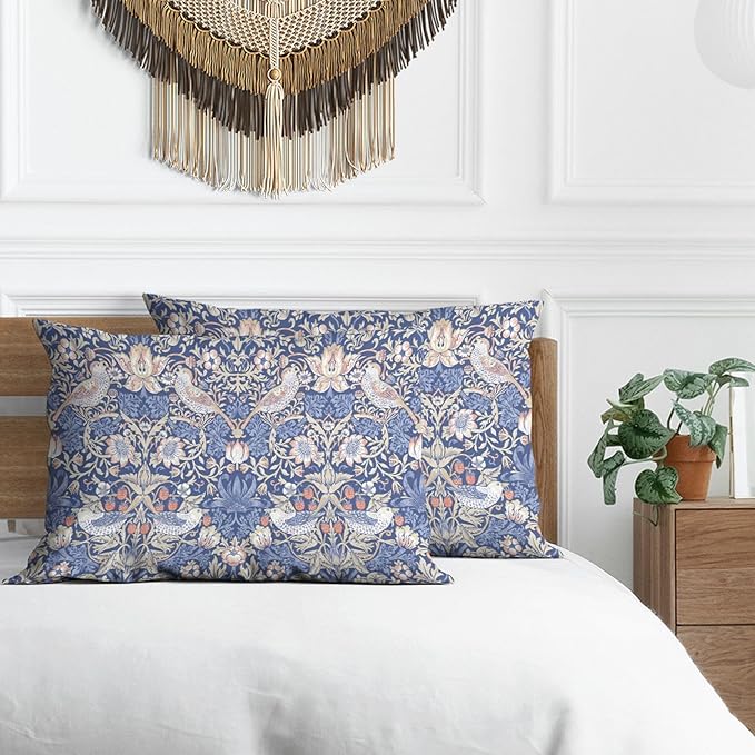 William Morris Pillow Protectors with Zipper Standard Size Vintage Strawberry Bird Print Pillow Covers Set of 2 Floral Botanical Pillowcases Mid Century Modern Blue Bed Pillow Covers 20"x30"