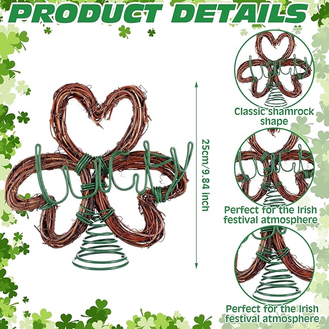 5' St Patrick's Day Mini Tree Topper Irish Lucky Shamrock Tree Topper Holidays Ornaments Farmhouse Retro Rattan Green Metal Decoration for Irish Festival Party Decorations