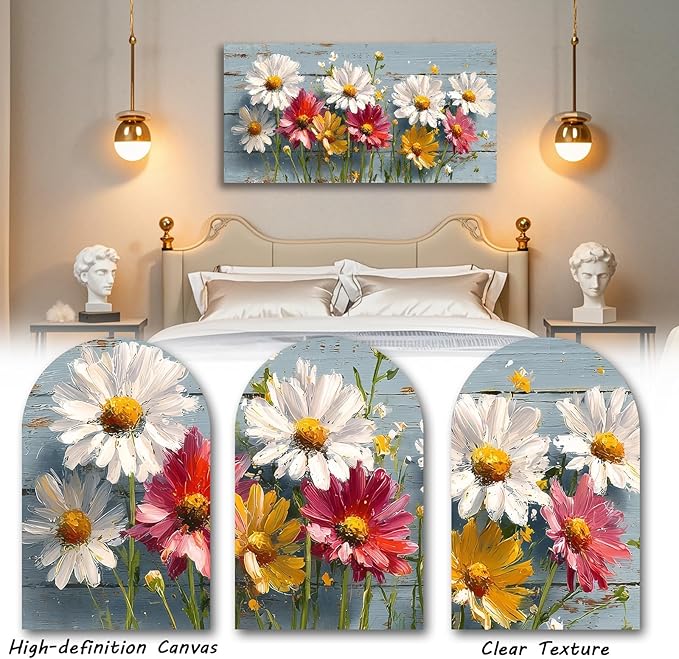 KZKU Rustic Daisy Floral Canvas Wall Art-White Pink Yellow Flowers on Blue Wood Background- Large Modern Farmhouse Decor for Living Room Bedroom24X48in