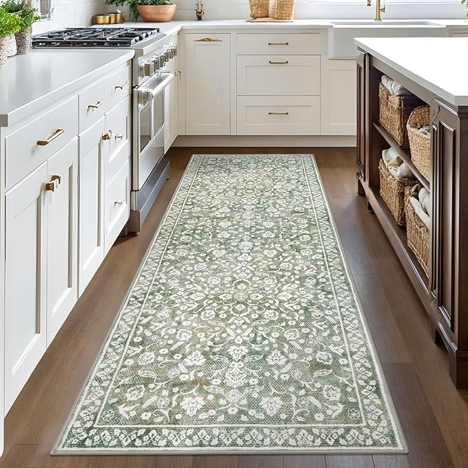 Vintage 3x8 Hallway Rug, Sage Green Beige Washable Hallway Runner Rug Non Slip, Super Soft Kitchen Runner Rug, Print Faux Wool Floral Thin Carpet Runner for Entryway Indoor Bedroom