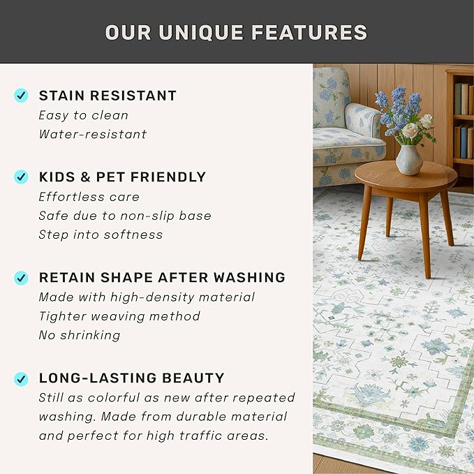 Blue and Green Washable Rugs for Living Room - 4x8 Vintage Boho Floral Pastel Cream, Washable Low Pile Non Slip Area Rug for Bedroom Beside Bed, Door Mat Indoor Entrance, Kitchen, Decor