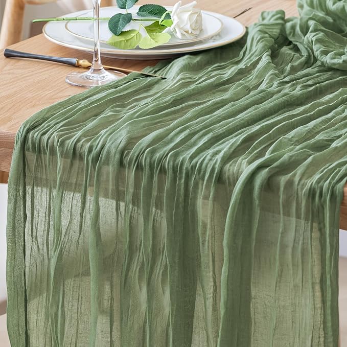 Table Runner Cheesecloth 10FT Sage Green Boho Gauze Cheese Cloth Rustic Sheer Table Runners for Wedding Bridal Baby Shower Party Decoration