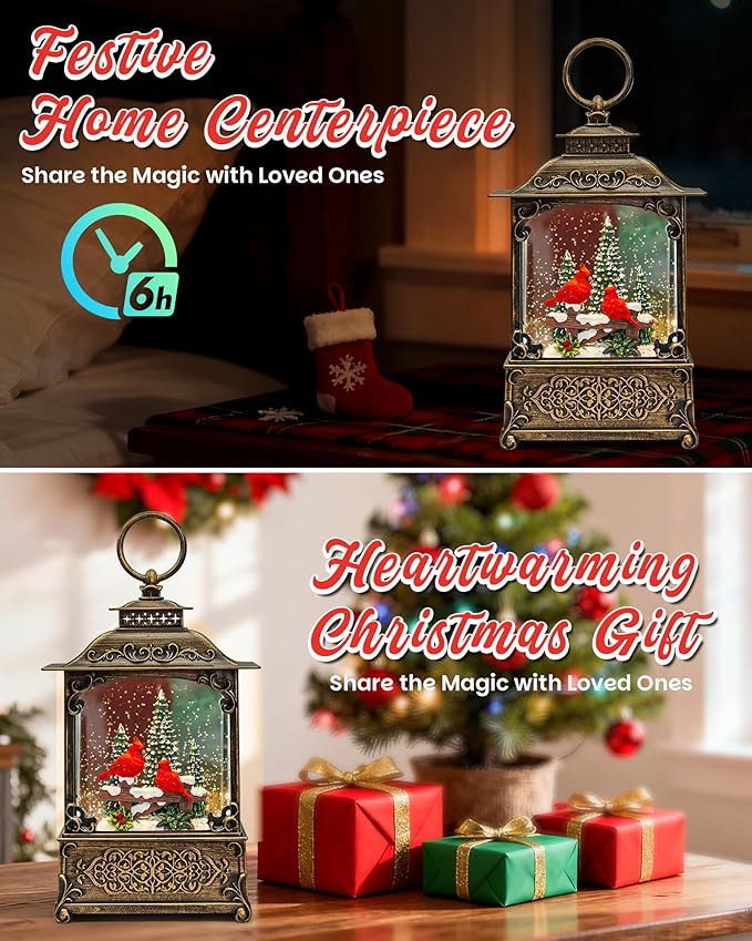 Christmas Cardinal Snow Globe Light up Lantern with 8 Songs, 10.43" Christmas Snow Globes for Kids Adults, 6H Timer & Dual Power, Snowglobes Christmas Decorations Indoor, Gifts for Women Men