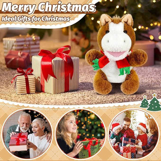 Horse Christmas Tree Topper with Red Scarf, 10in Winter Small Plush Horse Tree Topper Decor for Horse Themed Party Farm Party Home Xmas Christmas Indoor/Outdoor Tree Top Decoration, Horse Lover Gift