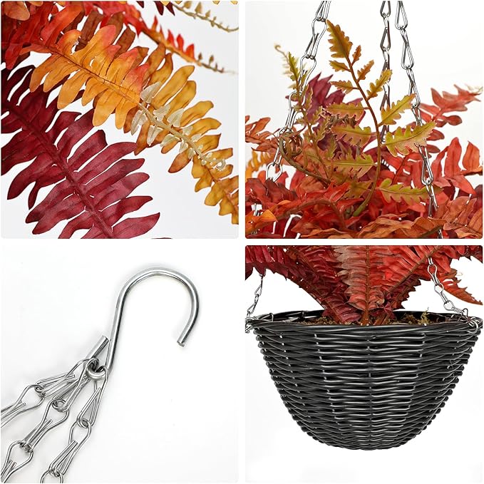 Hollyone Fall Artificial Fern Fall Hanging Baskets Outdoor Indoor Silk Plant Boston Ferns Autumn Potted Plants with Black Rattan Pot for Fake Fern Bush Plant Patio Garden Farmhouse Home Decor Orange