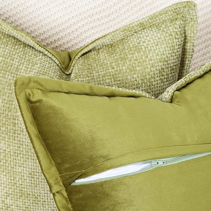 MADIZZ Chenille Velvet Throw Pillow Covers with Flange Set of 2 Super Soft Boho Textured Pillow Covers Decorative Throw Pillowcases Modern Farmhouse Home Decor for Sofa Bedroom Light Green 16x16 Inch