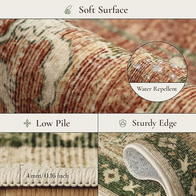 GENIMO 6x9 Area Rugs for Living Room, Machine Washable Non Slip Vintage Rugs, Low Pile Lightweight Chenille Print Rug for Bedroom, Dining Room, Home Office