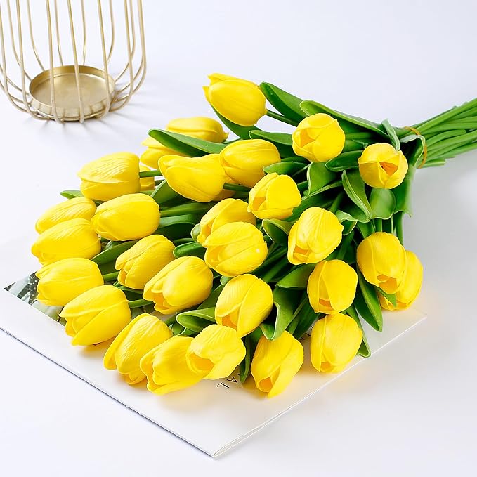 Sggvecsy 30 Pcs Fake Tulips Artificial Flowers Real Touch PU Faux Flowers Tulip Stems for Wedding Spring Bouquet Floral Arrangement Home Party Office Decorations for Mother's Day (Yellow)