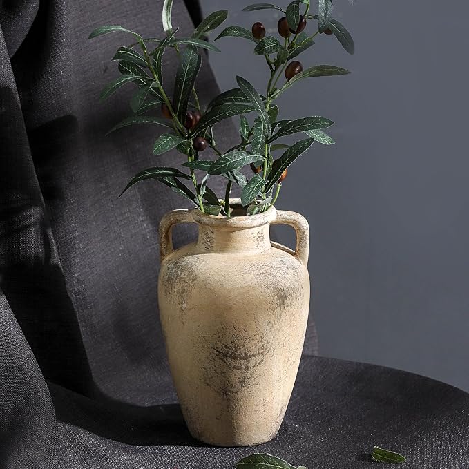 Rustic Vase for Flower, 8.85 inch Ceramic Vintage Vases with Handle, Tall Terracotta Christmas Farmhouse Vase for Home Decor, Living Room Shelf Decor, Enterway, Table, Lyeec