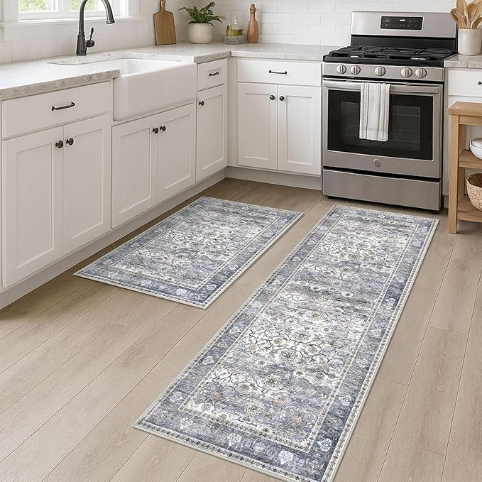 KUTA Vintage Floral Rugs for Entryway, 2PCS 2x3 and 2x6 Grey Blue Entrance Small Area Rug, Non-Slip Washable Ultra Thin Soft Hallway Runner Rug, Low-Pile Indoor Door Mat Floor Carpet