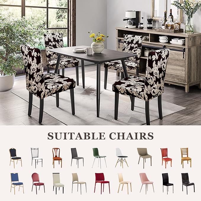 Sufdari Dining Chair Covers,Kitchen Chair Cover,Parsons Chair Slipcover,Spandex Chair Protectors for Dining Room Stretch Chairs Cover Set of 6 -Beige Floral