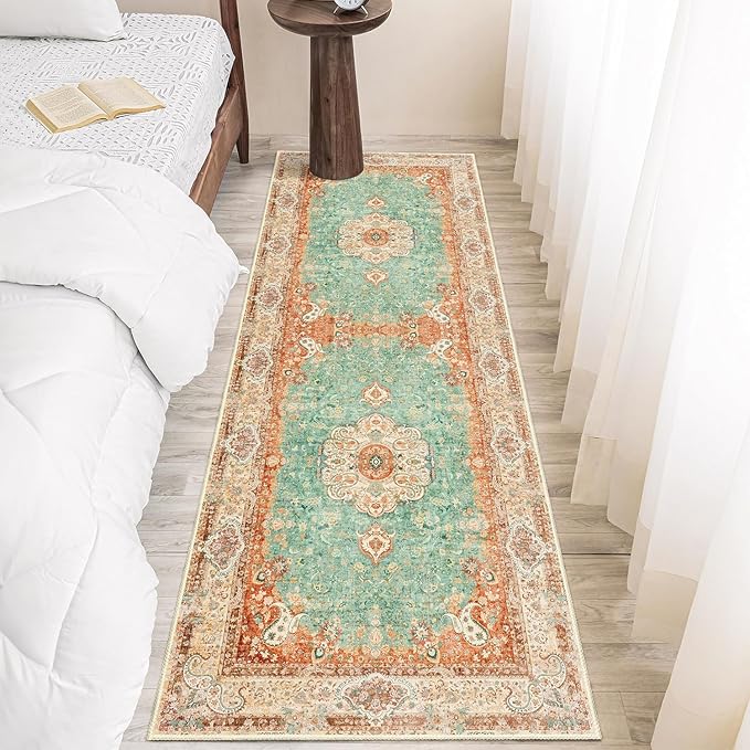 Washable Runner Rug 2x6,Boho Rug Runners Non Slip,Long Rugs for Hallways Kitchen Bedroom Entryway Bathroom,Vintage Bohemian Distressed Farmhouse Floor Carpet,Retro Orange Green Floral