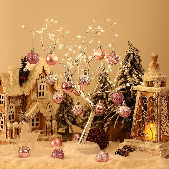 34ct Pink Mini Christmas Ball Ornaments Shatterproof Plastic Christmas Tree Decorations for Xmas Party Home Office Holiday Decor -Small Size (1.57"/ 40mm)
