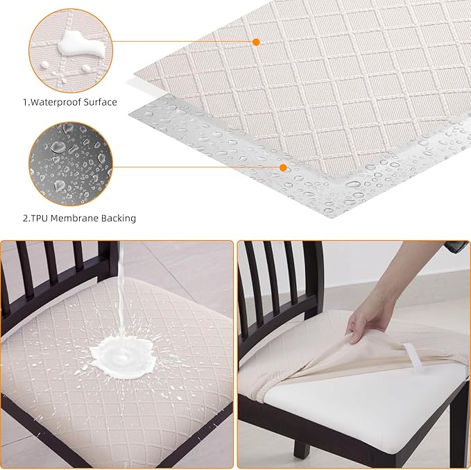 Fuloon Waterproof Seat Cushion Covers 4 PCS, Stretch Jacquard Chair Seat Covers Washable Dining Room Chair Slipcovers Removable Kitchen Cushion Protector (4, Waterproof-Pale Beige)