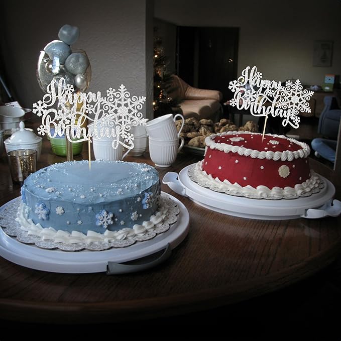 Gyufise 1 Pack Snowflake Happy Birthday Cake Topper Silver Glitter Winter Snowflake Cake Picks Decorations for Winter Snowflake Theme Baby Shower Kids Birthday Party Supplies