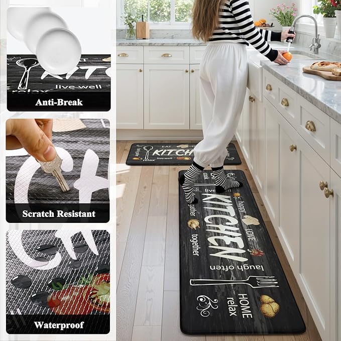 KIMODE Anti Fatigue Kitchen Mat 2PCS,Non Slip Waterproof Kitchen Rugs,Farmhouse Grey Kitchen Mat for Floor,Cushioned Comfort Foam Standing Mat for Home,Laundry,Sink,Desk