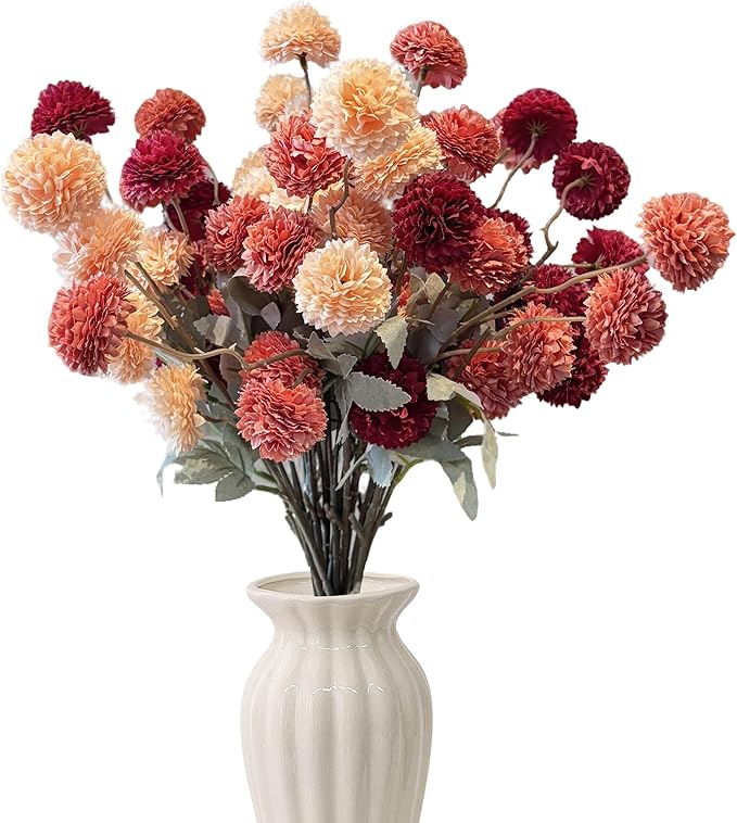 12pcs Fake Silk Pompon Mum Artificial Flowers, Fake Fall Flowers for Vase, 21" Faux Kiku Flowers Mini Chrysanthemums, Autumn Floral Stems Assorted Silk Mums Balls for Wedding Centerpieces Home Decor