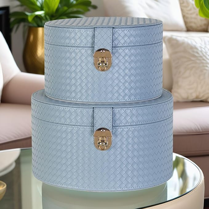 Large Leathe Decorative Boxes Set of 2 Round Hat Box Bin Basket with Lid for Shelf Coffee Table Storage Remotes Modern Home Decor (light blue)