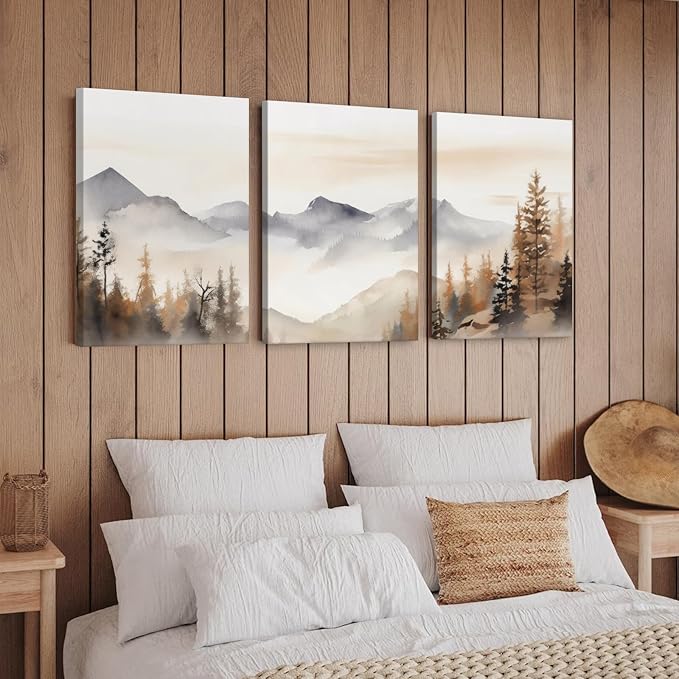Neutral Mountain Wall Art Decor Set of 3 Forest Canvas Wall Art Poster Landscape Wall Art Artwork Modern Pictures Abstract Painting Watercolor Prints for Living Room Bedroom 16x24 Inch Wrapped Canvas