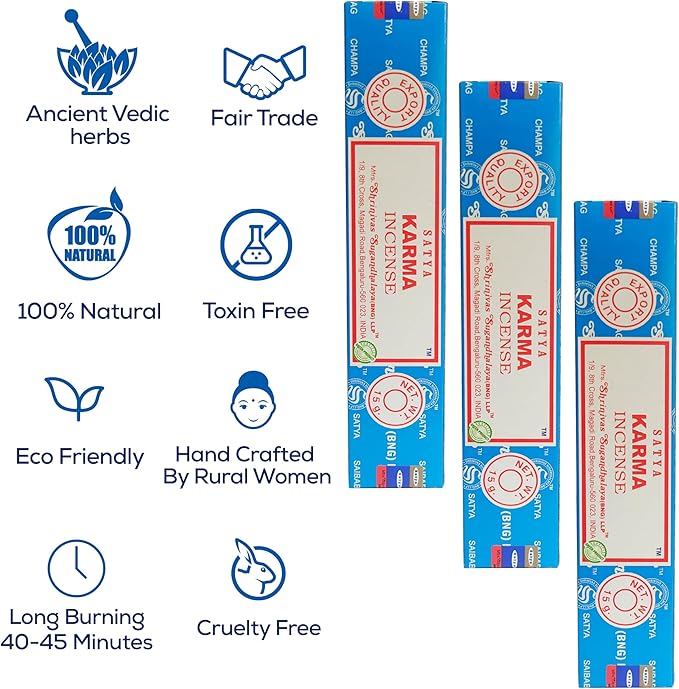 Satya Karma Incense Sticks, Satya Bng (Bangalore) Insenses 15gmx3 Pack with Raajsee Incense Holder Bundle, Satya Nagchampa Natural Incense