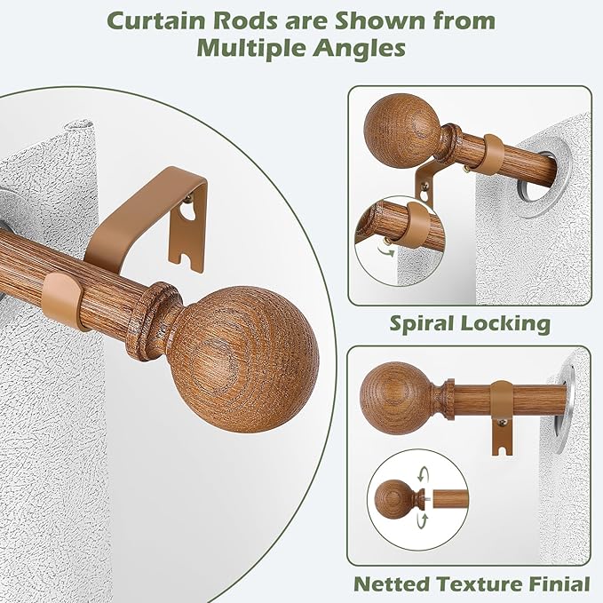 Wood Curtain Rods for Windows 36 to 72 Inch,1 Inch Wood Grain Ball Adjustable Curtain Rod,Boho Heavy Duty Curtain Rods,Farmhouse Rustic Single Window Curtains Rods,Brown Drapery Rods Set 36-72"