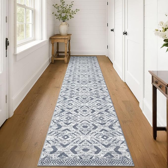 KILOCOCO Hallway Runner Rug 2.6'x14' Washable Printed Moroccan Runner Rugs Non Slip Entryway Rugs Soft Indoor Long Floor Rug for Bedroom Kitchen Living Room Geometric Boho Carpet Runners, Grey White