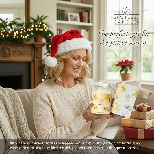 Vanilla Candle 22oz 16" x 9" Reusable Jar Candle 130 Hours Long Burn Time with Wooden Wick in Presentation Gift Box & Protective Shipper Spotless Leopard