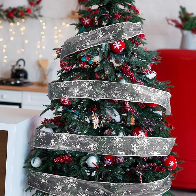 2.5 Inch Wide Christmas Wired Ribbon Snowflake Organza Sheer Glitter Ribbon for Xmas Tree, Wreath, Party Decoration, Gift Wrapping (Silver, 32.7 Foot (Pack of 1))