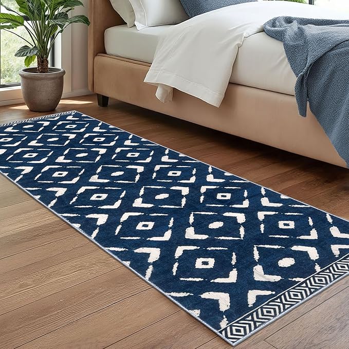 KILOCOCO Hallway Runner Rug 2.6'x8' Runners for Hallways Washable Runner Soft Non Slip Printed Geometric Low-Pile Rugs Runners for Bedroom Kitchen Living Room Boho Rugs, Blue