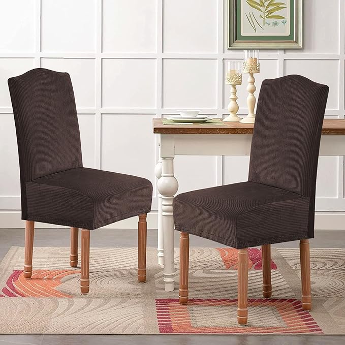 H.VERSAILTEX Velvet Dining Chair Covers Stretch Chair Covers for Dining Room Set of 2 Parson Chair Slipcovers Chair Protectors Covers Dining, Soft Thick Solid Velvet Fabric Washable, Brown Striped