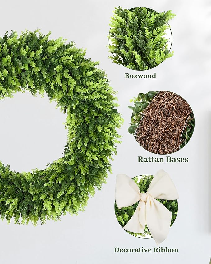 DDHS 32 inch Boxwood Wreath, Artificial Large Summer Wreaths for Front Door with Yellow Cloth can DIY Shaped, Spring or Summer Wreaths for Hanging in The Shop, Farmhouse, Roof Green Wreath Decoration