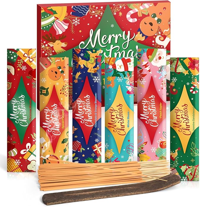Christmas Incense Sticks, 120 Long-Burning Natural Aromatherapy Sticks with Holder - 6 Holiday Scents for Christmas Decorations