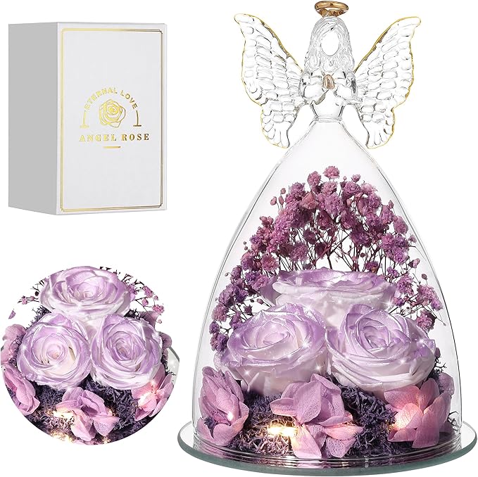 Christmas Rose Gifts for Women Preserved Real Flower in Glass Angel Figurines Roses for Delivery Prime Birthday Gifts for Mom Grandma Girlfriend Wife Her, Pearlescent Purple