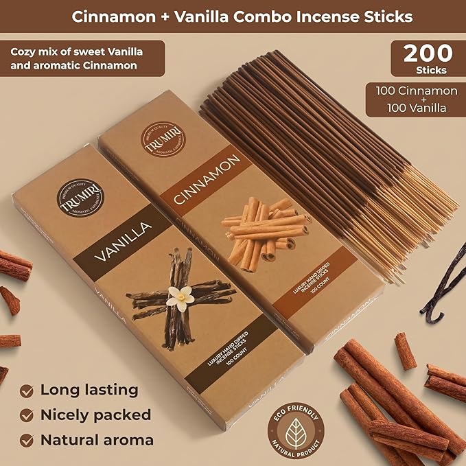 Cinnamon & Vanilla - Combo Pack of Incense Sticks - 100 Insence-Sticks of Each Scent - Total 200 Inscents - Inciensos Aromaticos para La Casa - Made with Natural Non Toxic Ingredients