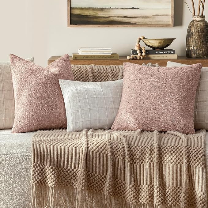 Foindtower Set of 2, Decorative Textured Boucle Throw Pillow Covers Accent Solid Pillow Cases Neutral Soft Cozy Couch Cushion Case for Chair Sofa Bedroom Living Room Home Decor 18 x 18 Inch Light Pink
