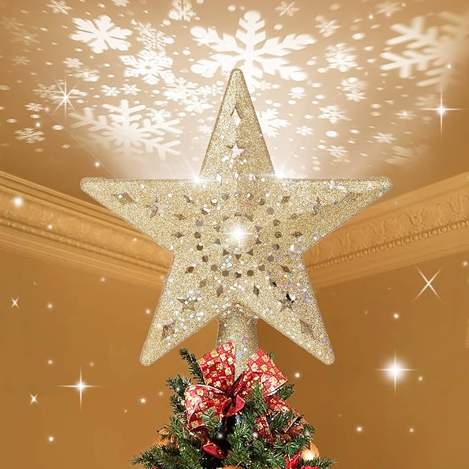 BLOOMWIN Christmas Tree Topper Lighted with Snowflake Projector, LED Rotating Hollow Snowflake, 3D Glitter Lighted Gold Star Tree Topper for Xmas Tree Festival Decorations Lights