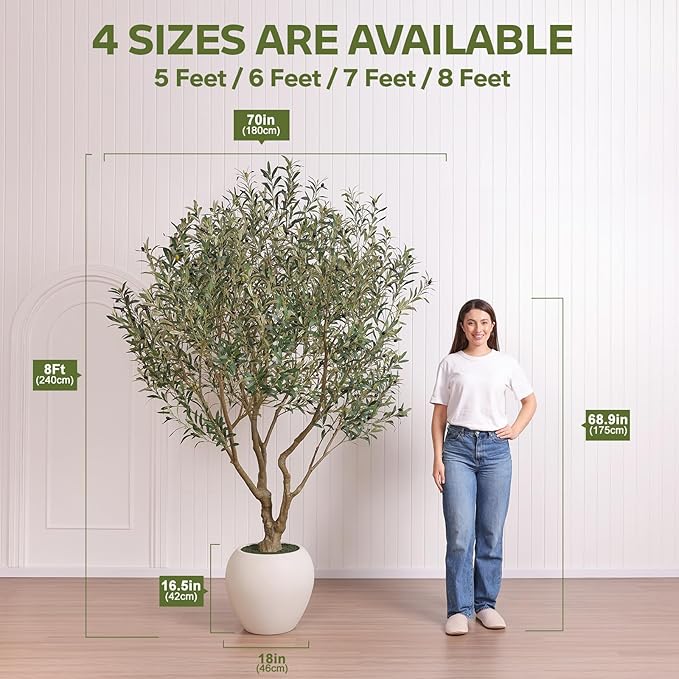 Artificial Olive Tree 8FT Faux Plant Home Decor - Large White Pot with Lifelike Silk Leaves, UV Resistant & No Maintenance - Indoor Outdoor Fake Tree for Modern Office Living Room,VN206