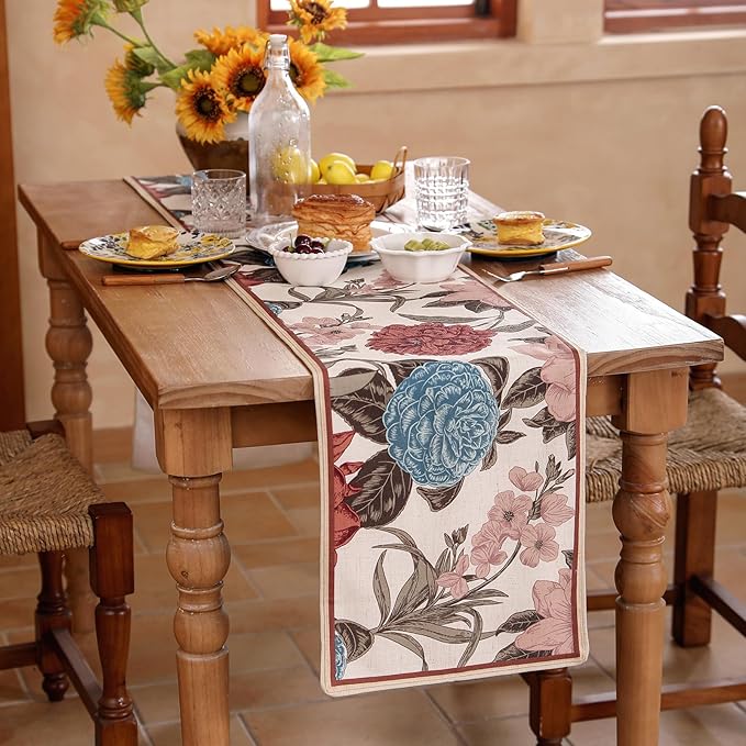 Linen Fall Table Runner 71 Inches Long,Vintage Rustic Farmhouse Blue and Red Flower Table Runners,Table Decoration for Christmas Thanksgiving Home Party Kitchen.12*71"-Burgundyred