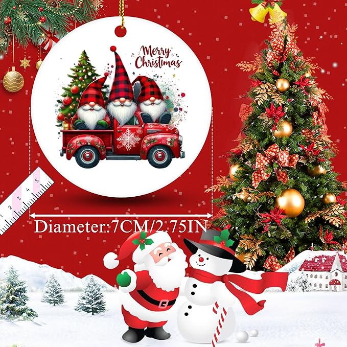Christmas Gnome Red Truck Ornament – Ceramics Hanging Decoration for Christmas Tree, Clear Acrylic Gnome & Red Truck Design, Xmas Holiday Home Décor & Gift