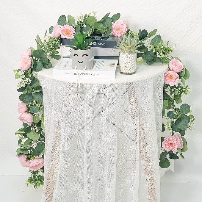 TOCHGREEN 2 Pack 13Ft Artificial Eucalyptus Flower Garland with Pink Roses, Fake Rose Flower Greenery Garland Floral Vines for Wedding Home Party Table Runner Decor (4PCS, Pink)