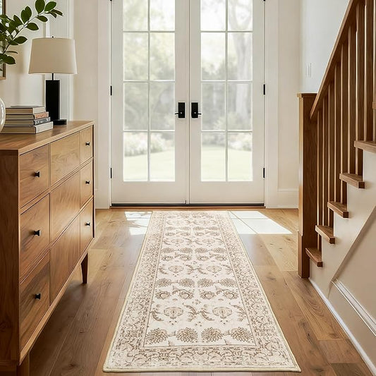 XWZO Runner Rug 2x6ft, Washable Hallway Runner with Non-Slip Backing, Spill Stain Resistant Floor Mat for Entryway Corridor Bedroom Kitchen Living Room, Soft Low-Pile Area Carpet, Beige